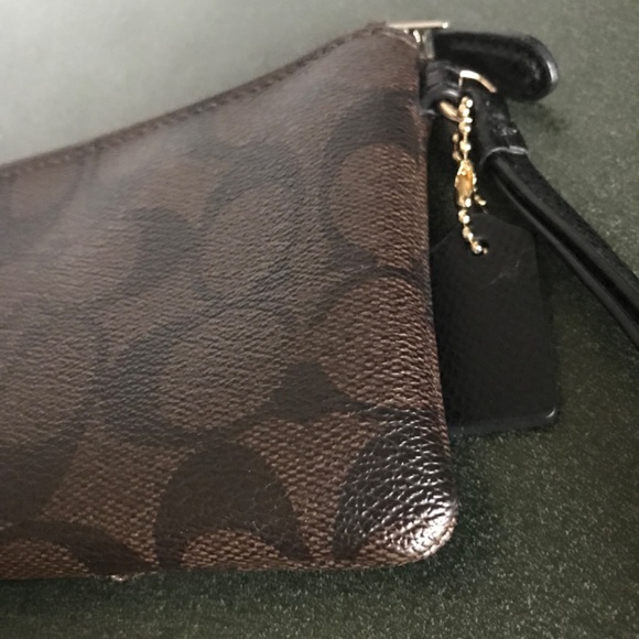 Coach Corner Zip Wristlet in Signature Coated Canvas Leather Stripe Brown/Black - Picture 12 of 16